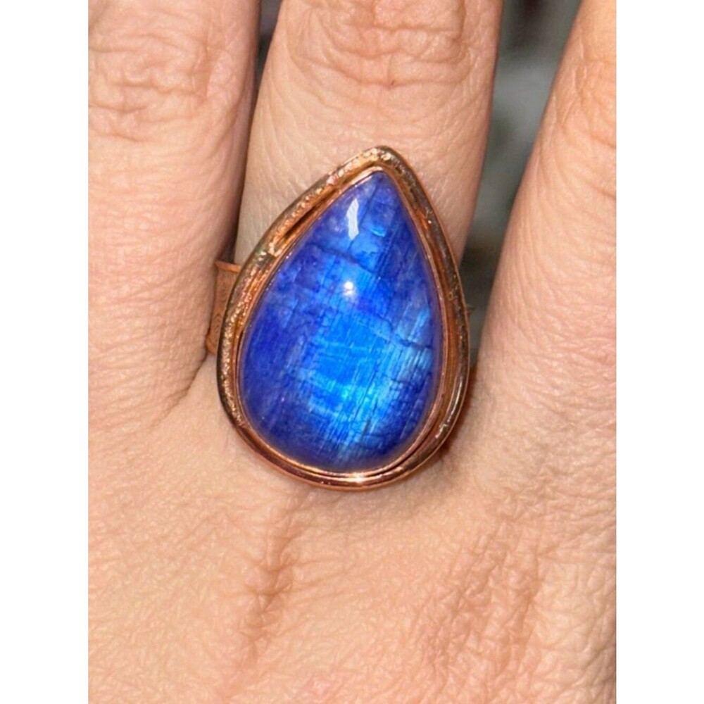 Teardrop Blue Labradorite Stone Stamped Pure Copper Ring Size 10